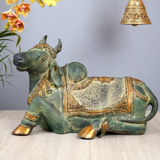 Exquisite Handcrafted Brass Nandi Idol – Vintage Green Patina 21" - Budhshiv.com