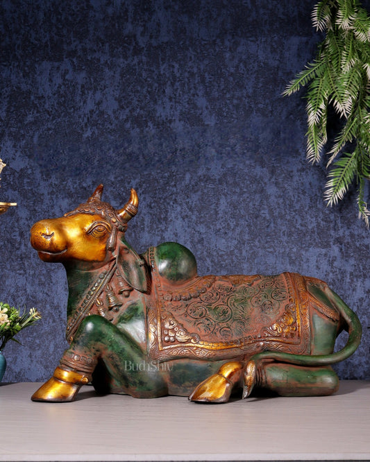 Exquisite Handcrafted Brass Nandi Idol – Vintage Green & Red Patina 21" - Budhshiv.com