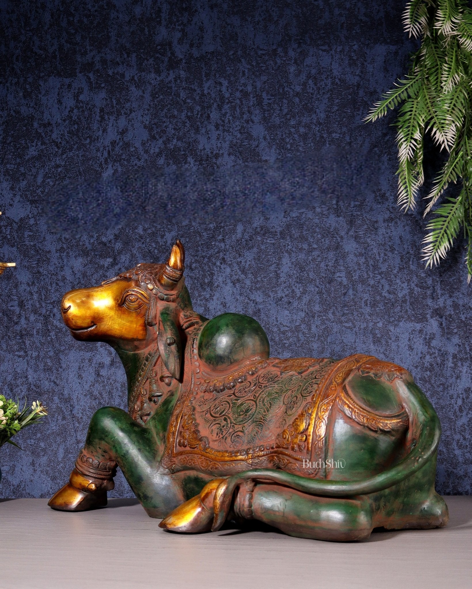 Exquisite Handcrafted Brass Nandi Idol – Vintage Green & Red Patina 21" - Budhshiv.com