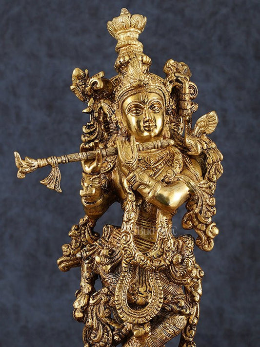Exquisite Pure Brass Handcrafted Krishna Statue – 21" Height, Golden Antique Glossy Finish - Budhshiv.com