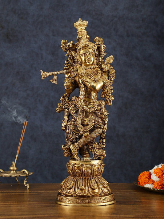 Exquisite Pure Brass Handcrafted Krishna Statue – 21" Height, Golden Antique Glossy Finish - Budhshiv.com