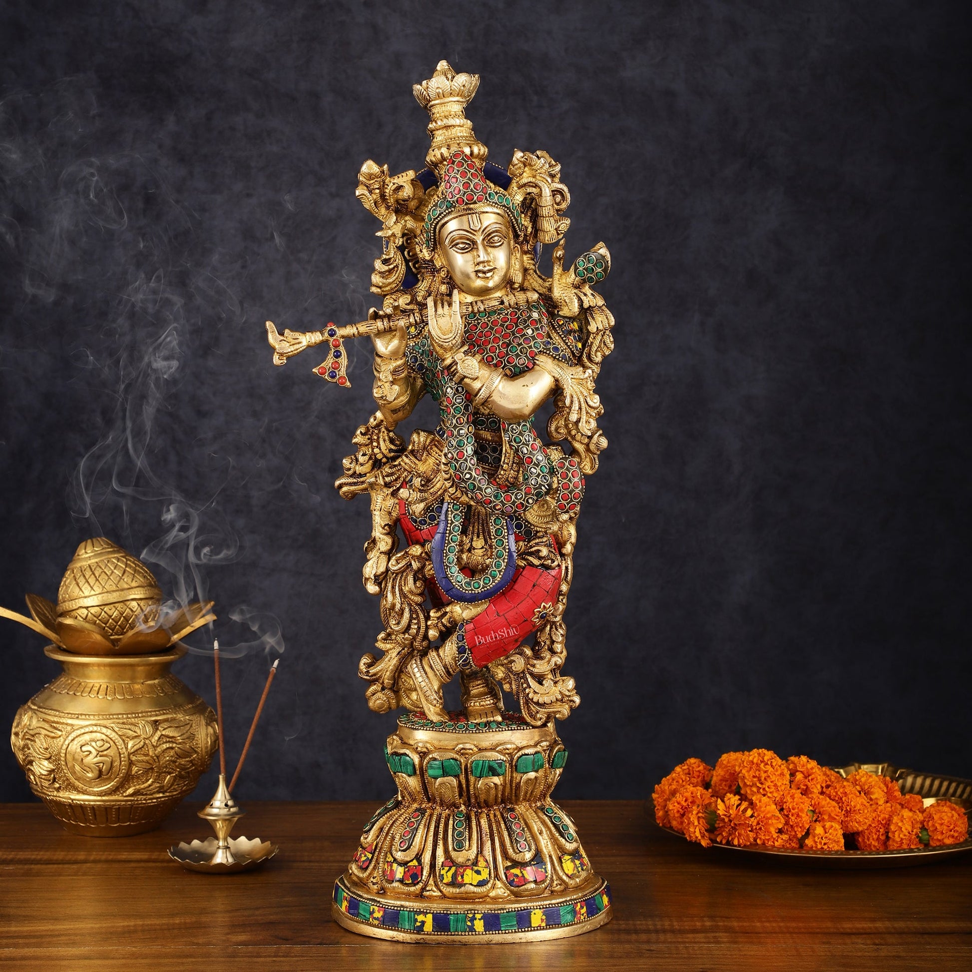 Exquisite Pure Brass Handcrafted Krishna Statue with Stonework, 21" Height - Budhshiv.com