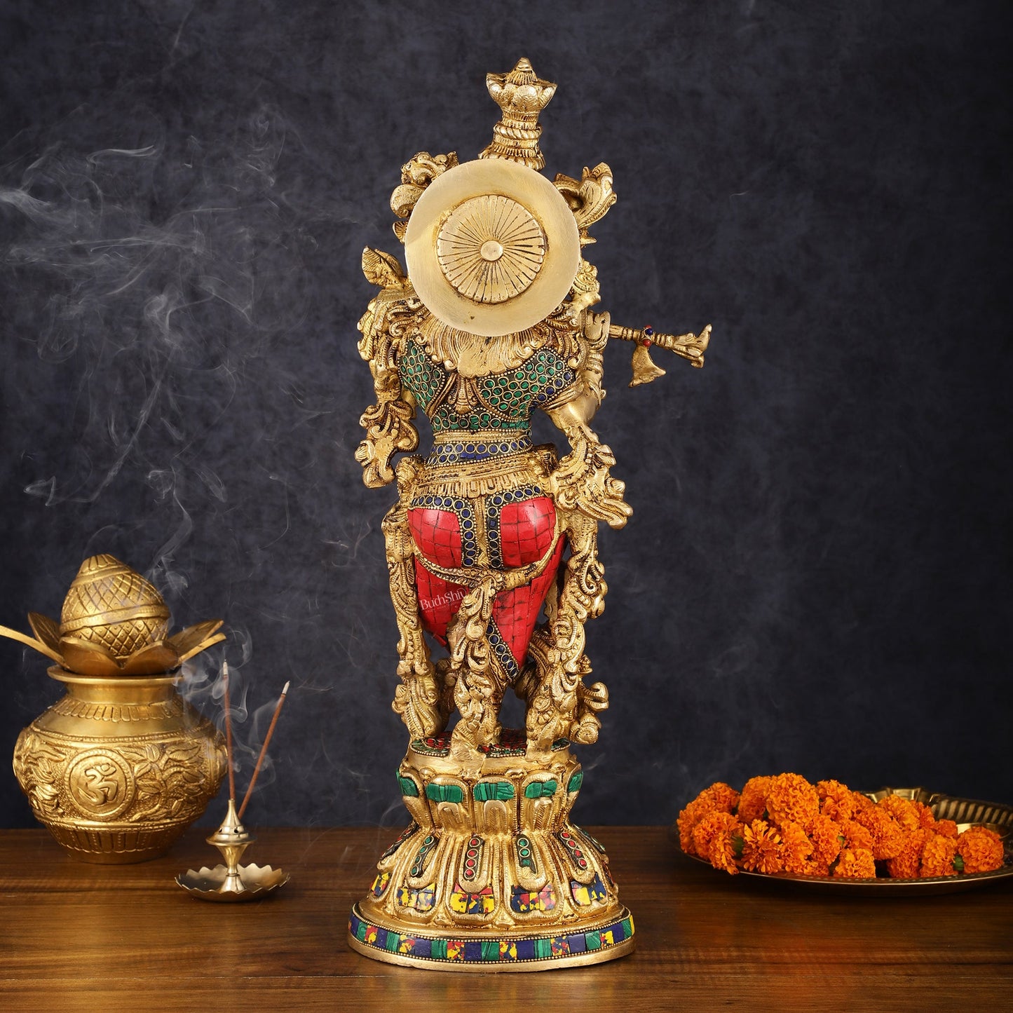 Exquisite Pure Brass Handcrafted Krishna Statue with Stonework, 21" Height - Budhshiv.com