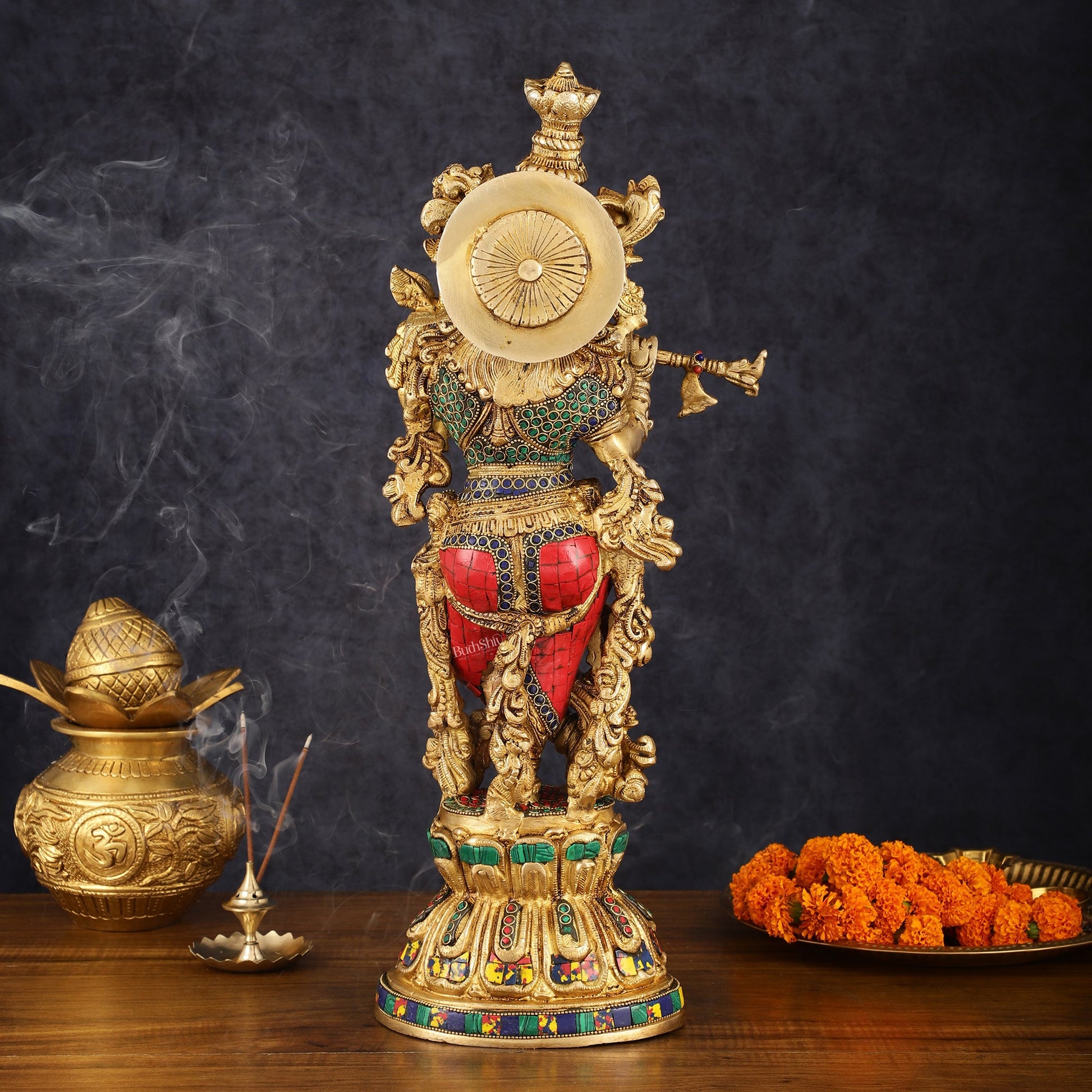 Exquisite Pure Brass Handcrafted Krishna Statue with Stonework, 21" Height - Budhshiv.com