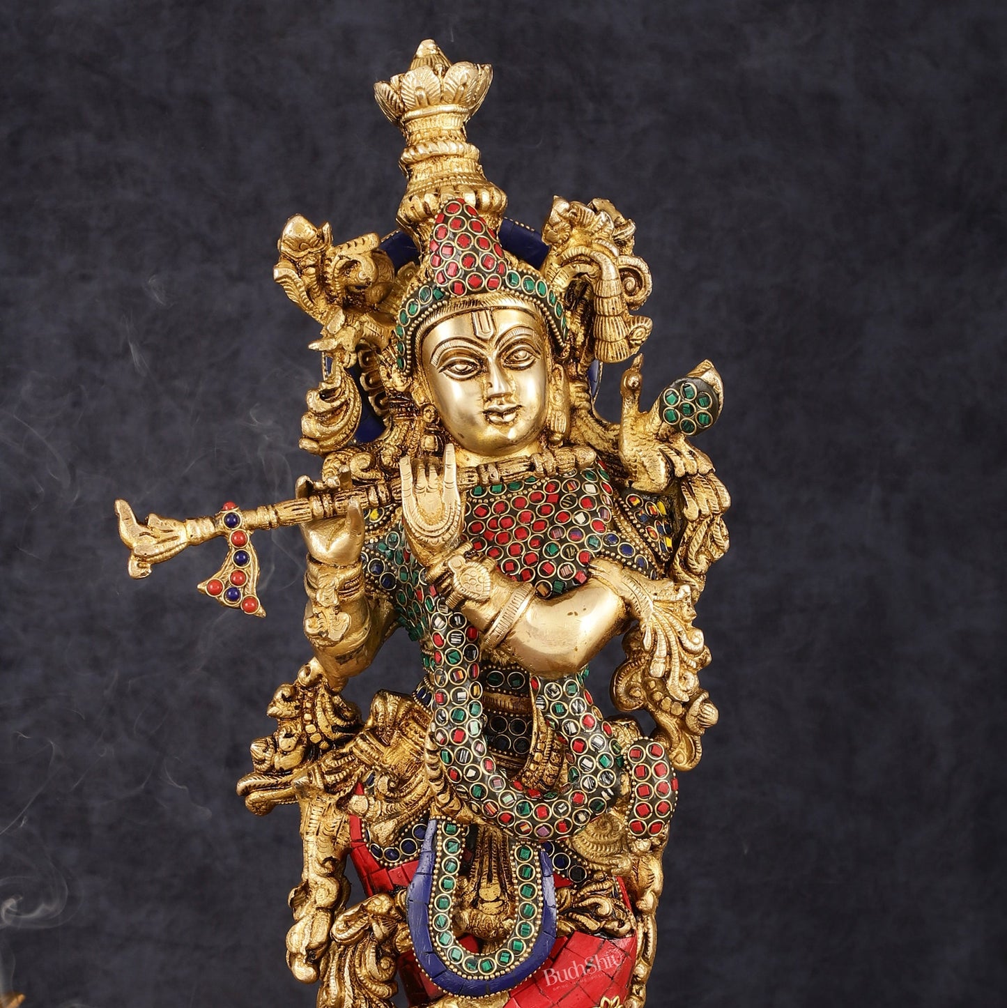 Exquisite Pure Brass Handcrafted Krishna Statue with Stonework, 21" Height - Budhshiv.com