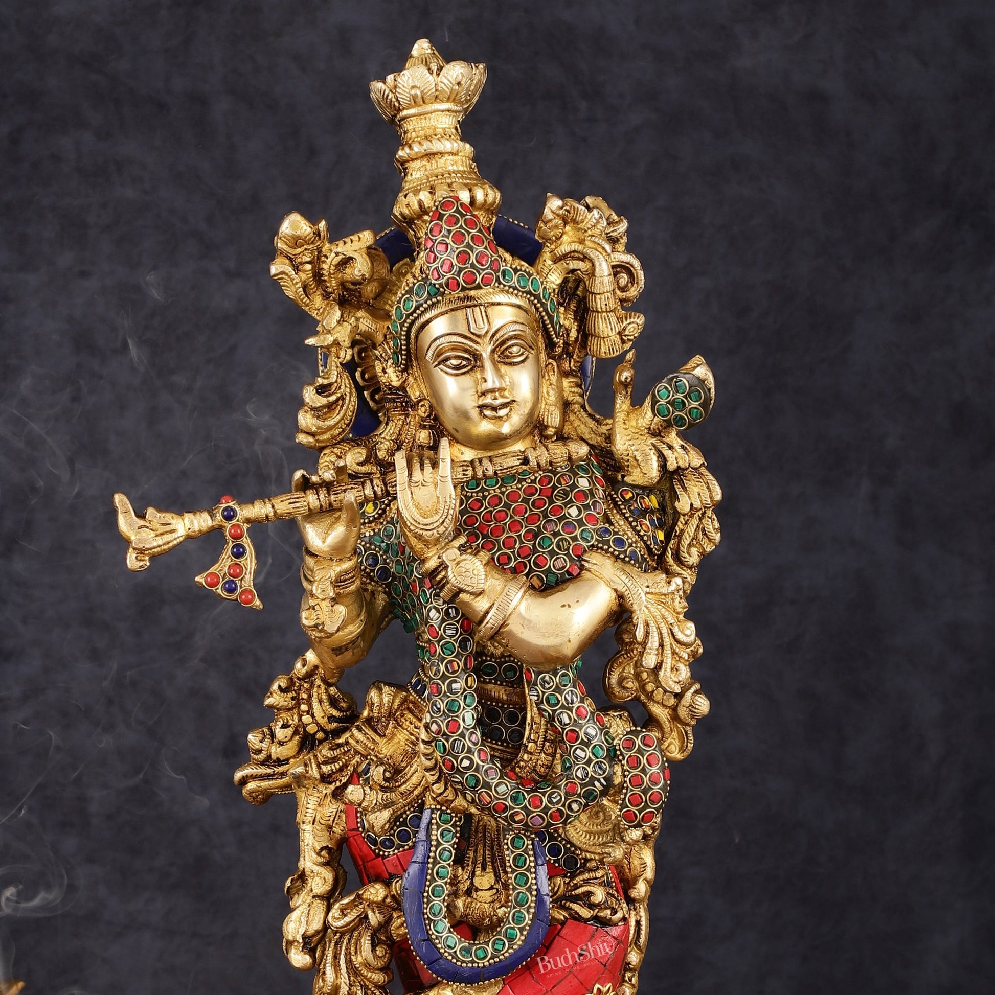 Exquisite Pure Brass Handcrafted Krishna Statue with Stonework, 21" Height - Budhshiv.com