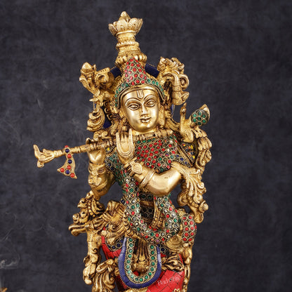Exquisite Pure Brass Handcrafted Krishna Statue with Stonework, 21" Height - Budhshiv.com