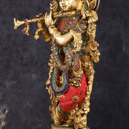 Exquisite Pure Brass Handcrafted Krishna Statue with Stonework, 21" Height - Budhshiv.com