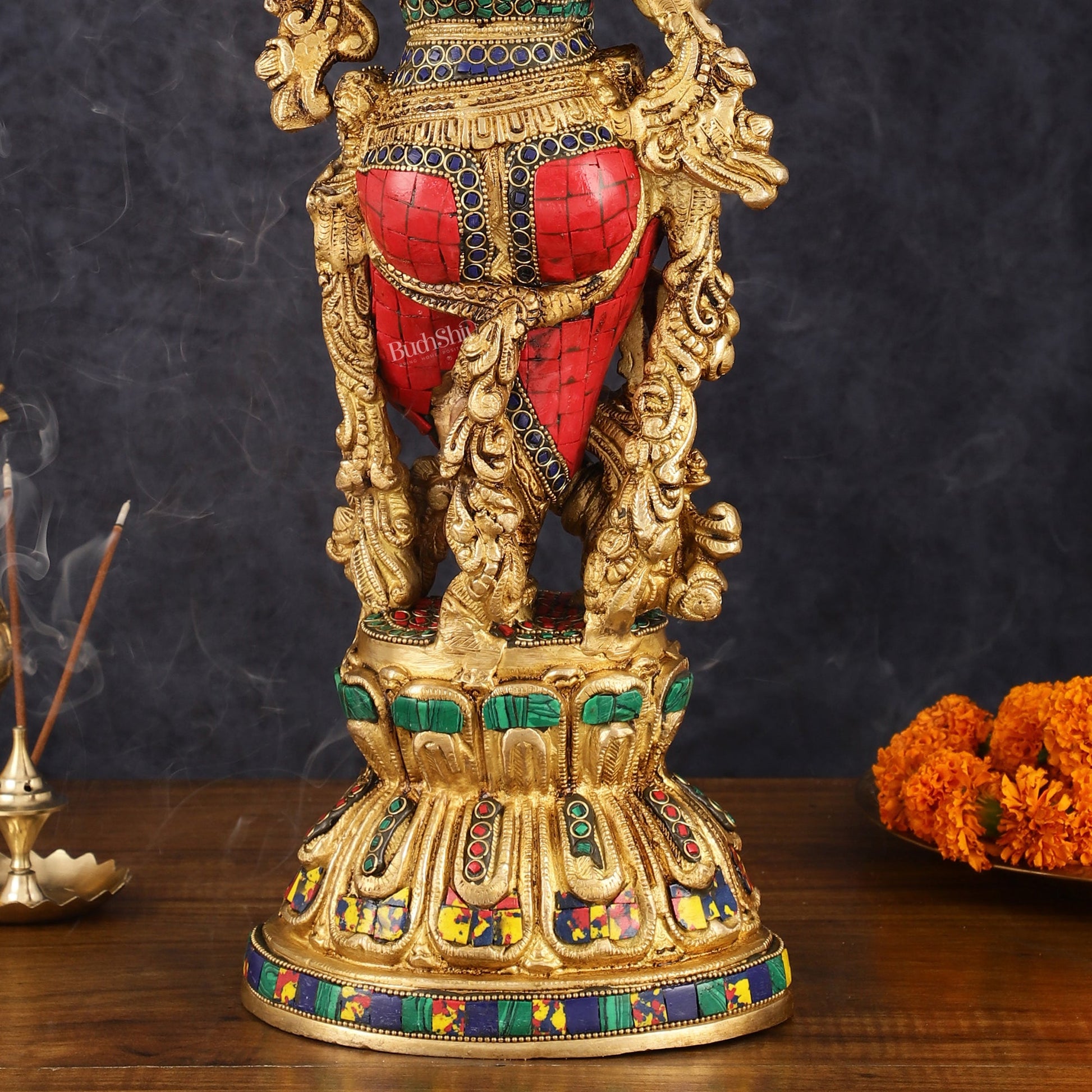 Exquisite Pure Brass Handcrafted Krishna Statue with Stonework, 21" Height - Budhshiv.com