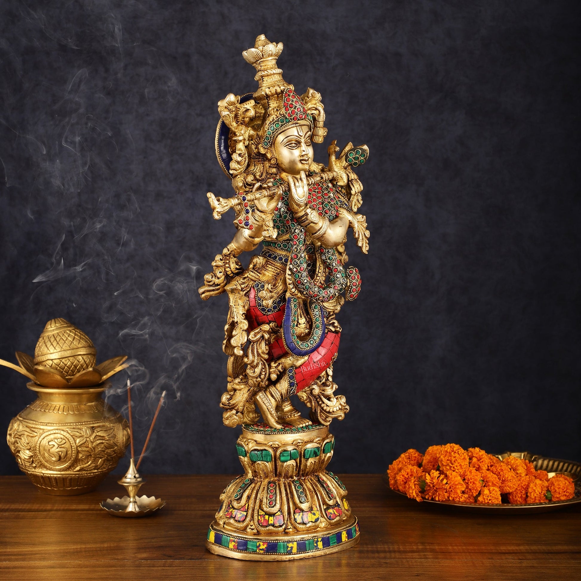 Exquisite Pure Brass Handcrafted Krishna Statue with Stonework, 21" Height - Budhshiv.com