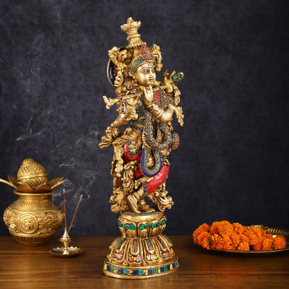 Exquisite Pure Brass Handcrafted Krishna Statue with Stonework, 21" Height - Budhshiv.com