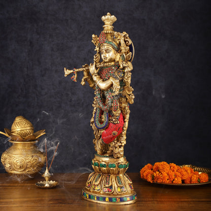 Exquisite Pure Brass Handcrafted Krishna Statue with Stonework, 21" Height - Budhshiv.com