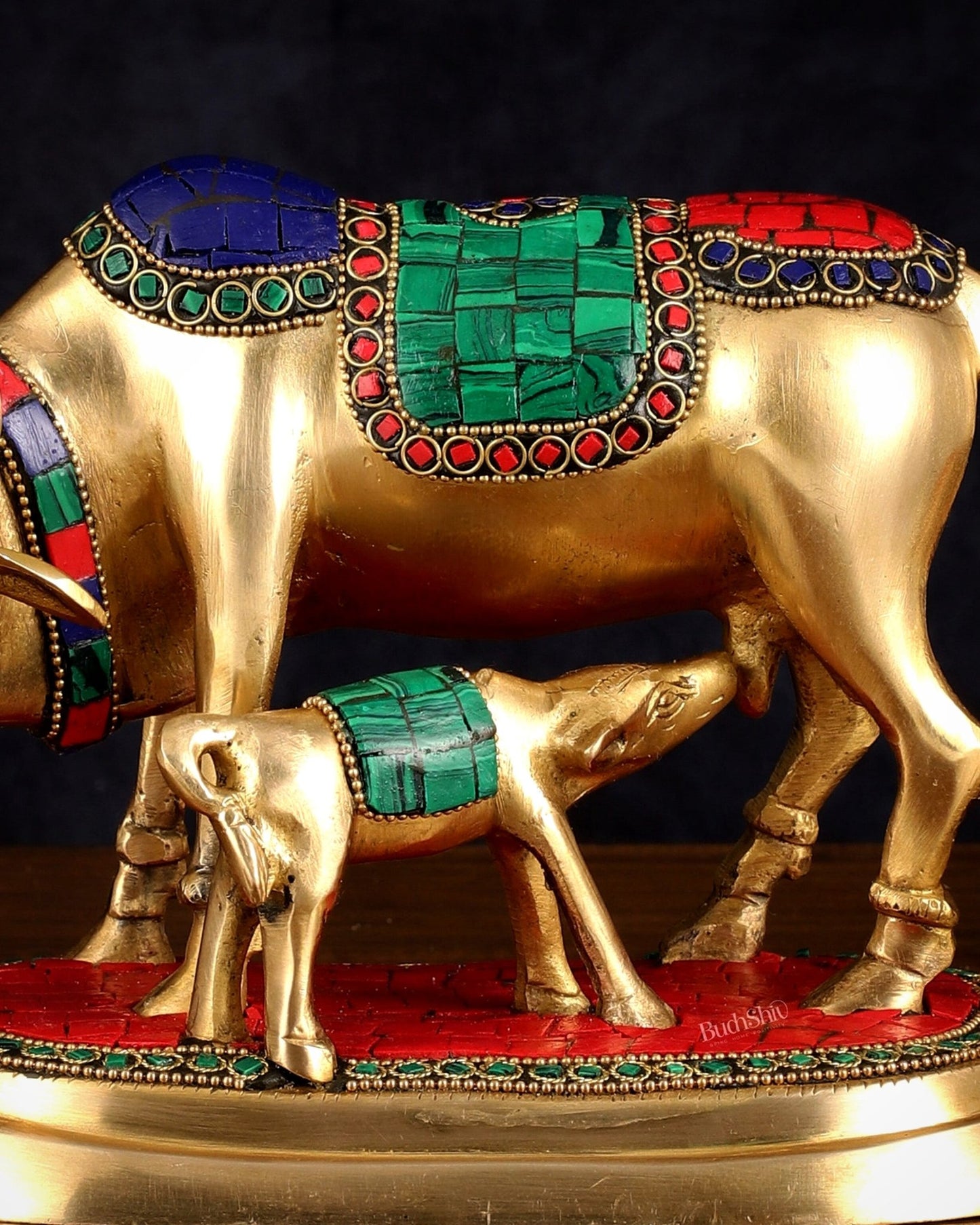 Exquisite Pure Brass Kamdhenu Cow and Calf Statue with Meenakari Stonework 8" - Budhshiv.com