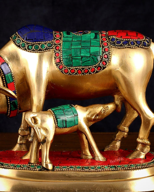 Exquisite Pure Brass Kamdhenu Cow and Calf Statue with Meenakari Stonework 8" - Budhshiv.com