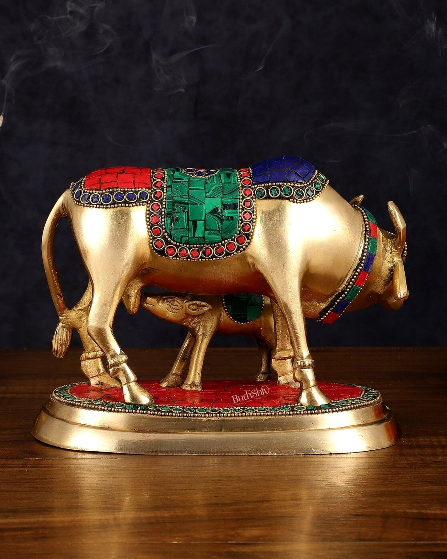 Exquisite Pure Brass Kamdhenu Cow and Calf Statue with Meenakari Stonework 8" - Budhshiv.com