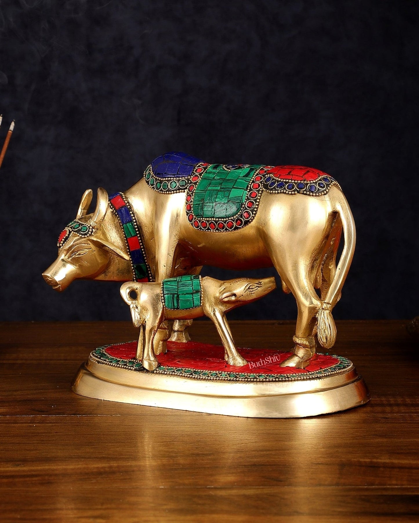 Exquisite Pure Brass Kamdhenu Cow and Calf Statue with Meenakari Stonework 8" - Budhshiv.com