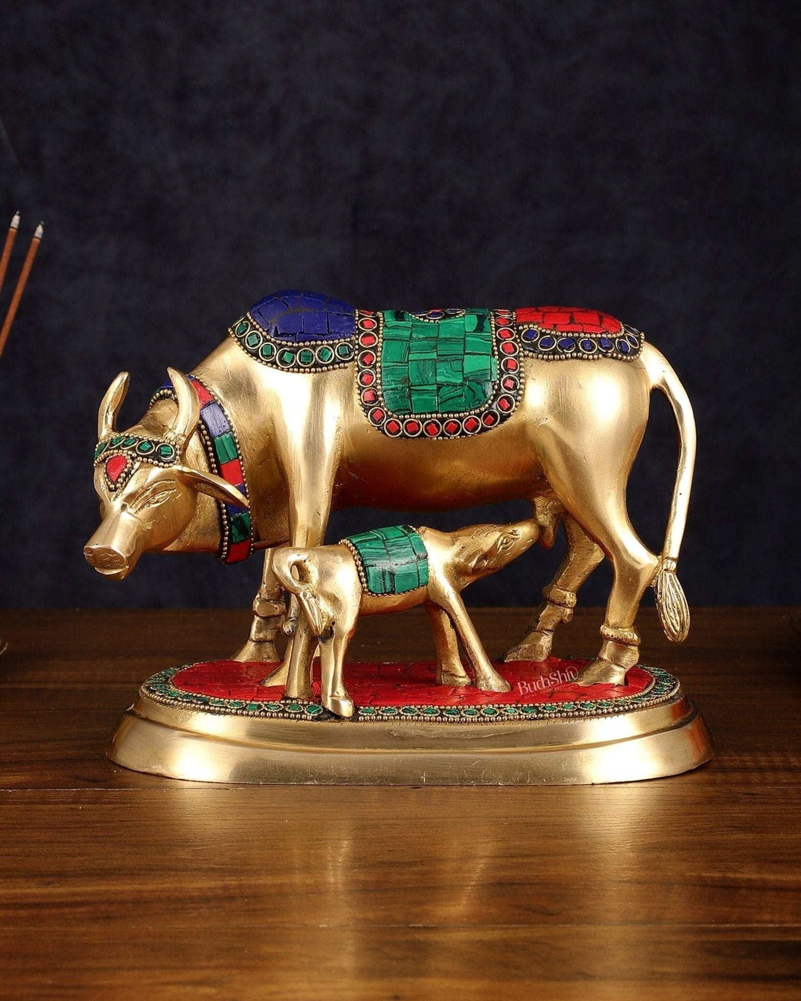 Exquisite Pure Brass Kamdhenu Cow and Calf Statue with Meenakari Stonework 8" - Budhshiv.com