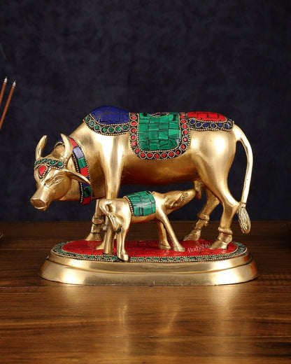 Exquisite Pure Brass Kamdhenu Cow and Calf Statue with Meenakari Stonework 8" - Budhshiv.com