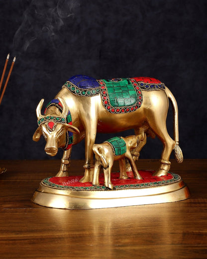 Exquisite Pure Brass Kamdhenu Cow and Calf Statue with Meenakari Stonework 8" - Budhshiv.com
