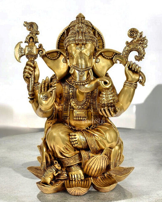 Exquisite Pure Brass Lord Ganesha Statue - Seated on Lotus, 22" Height - Budhshiv.com
