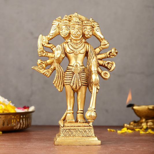 Exquisite Pure Brass Standing Panchmukhi Hanuman Idol - 7" - Budhshiv.com