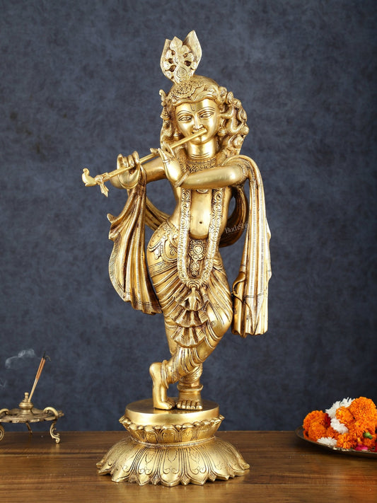 Exquisite Pure Brass Superfine Krishna Statue – 27" Height - Budhshiv.com