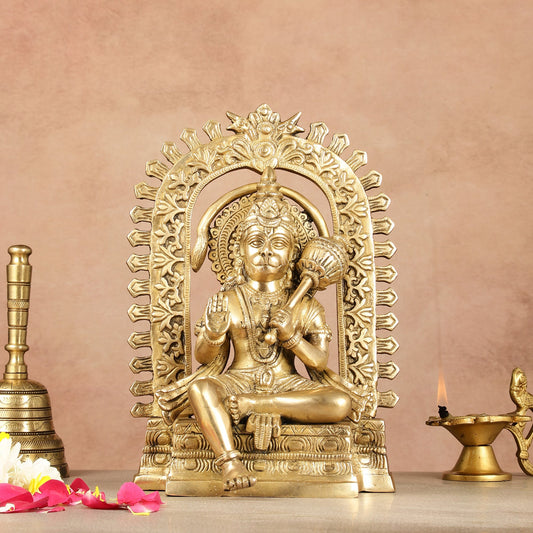 Exquisite Pure Brass Superfine Lord Hanuman idol with Temple Frame - 11 inch - Budhshiv.com