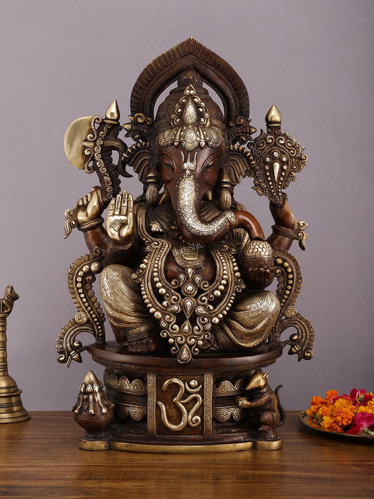 Exquisite Vintage Brown Tone Lord Ganesha Brass Statue - 23" - Budhshiv.com