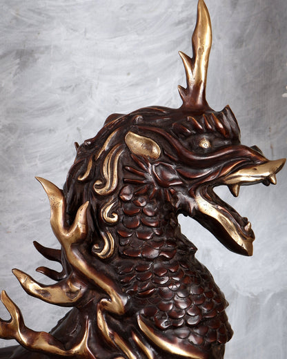 Fiery Tibetan Brass Snow Lion Statue – Copper Brown Dual Tone Finish (34.5 Inches) - Budhshiv.com