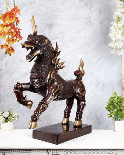 Fiery Tibetan Brass Snow Lion Statue – Copper Brown Dual Tone Finish (34.5 Inches) - Budhshiv.com