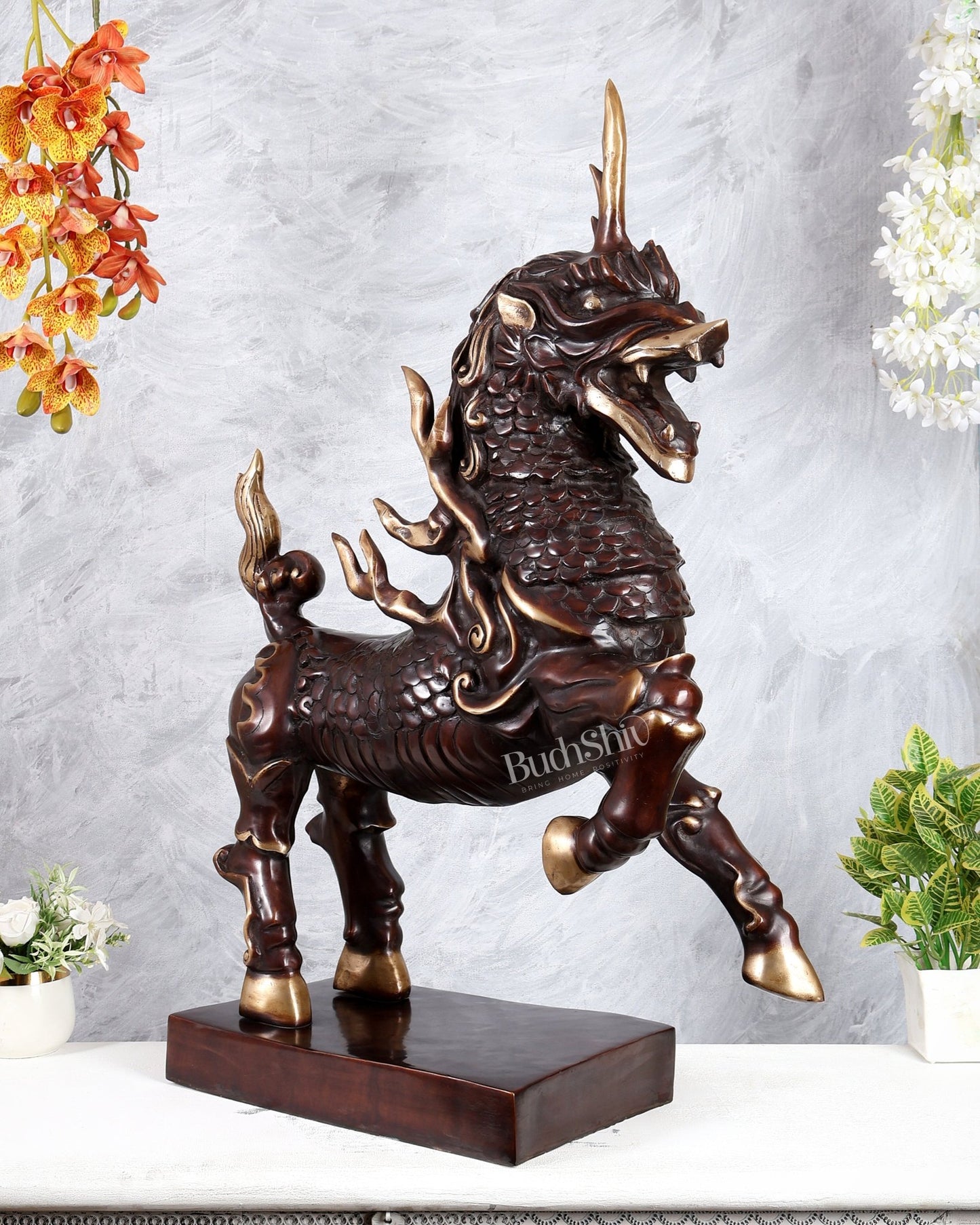 Fiery Tibetan Brass Snow Lion Statue – Copper Brown Dual Tone Finish (34.5 Inches) - Budhshiv.com