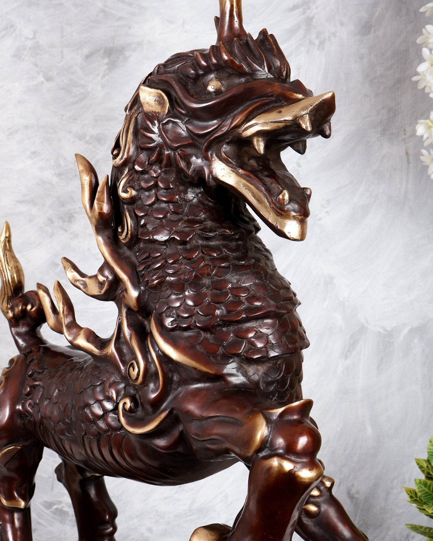 Fiery Tibetan Brass Snow Lion Statue – Copper Brown Dual Tone Finish (34.5 Inches) - Budhshiv.com