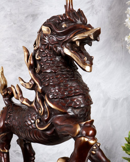 Fiery Tibetan Brass Snow Lion Statue – Copper Brown Dual Tone Finish (34.5 Inches) - Budhshiv.com