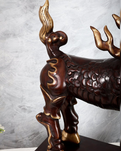 Fiery Tibetan Brass Snow Lion Statue – Copper Brown Dual Tone Finish (34.5 Inches) - Budhshiv.com