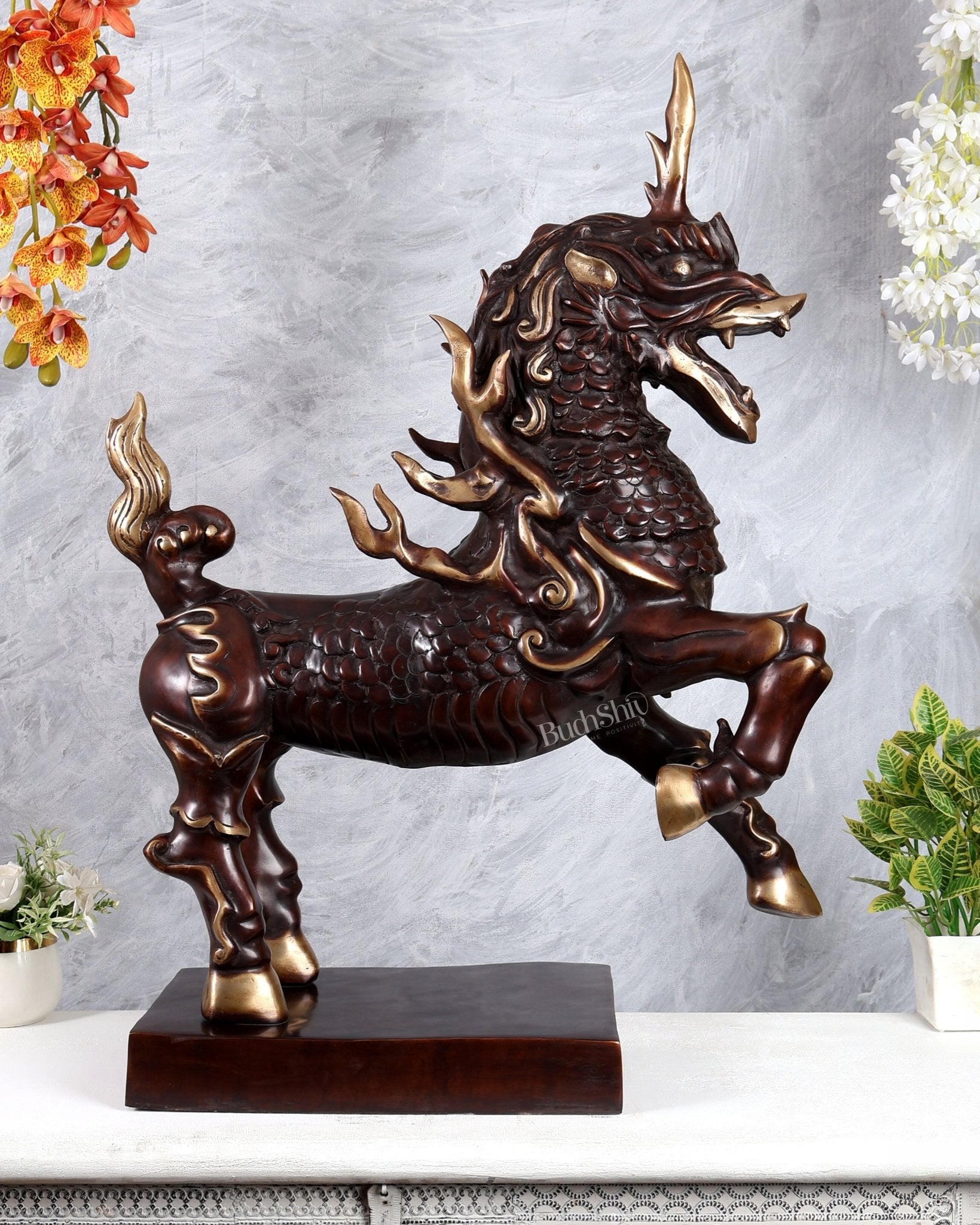 Fiery Tibetan Brass Snow Lion Statue – Copper Brown Dual Tone Finish (34.5 Inches) - Budhshiv.com