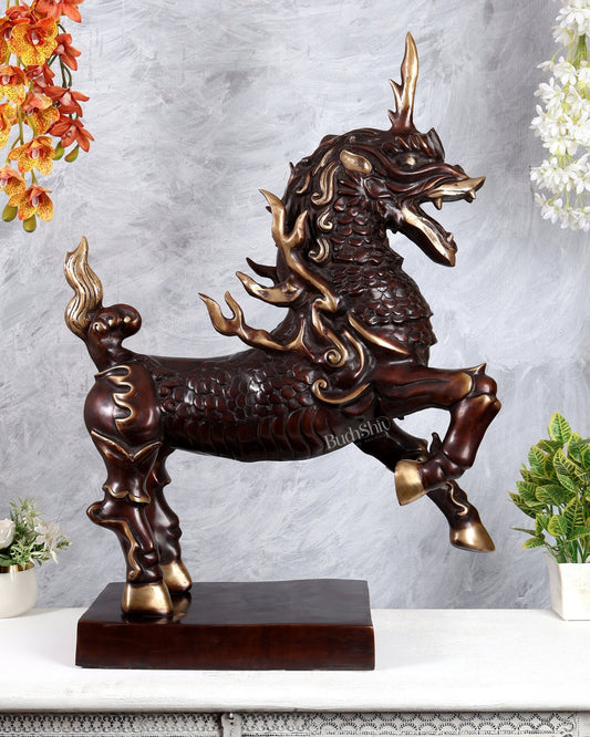 Fiery Tibetan Brass Snow Lion Statue – Copper Brown Dual Tone Finish (34.5 Inches) - Budhshiv.com