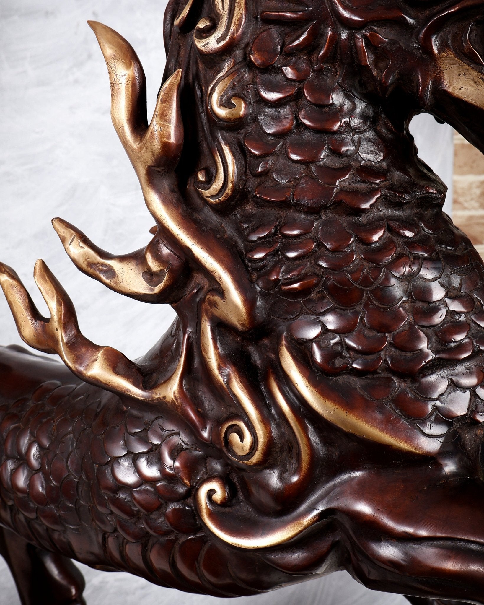 Fiery Tibetan Brass Snow Lion Statue – Copper Brown Dual Tone Finish (34.5 Inches) - Budhshiv.com