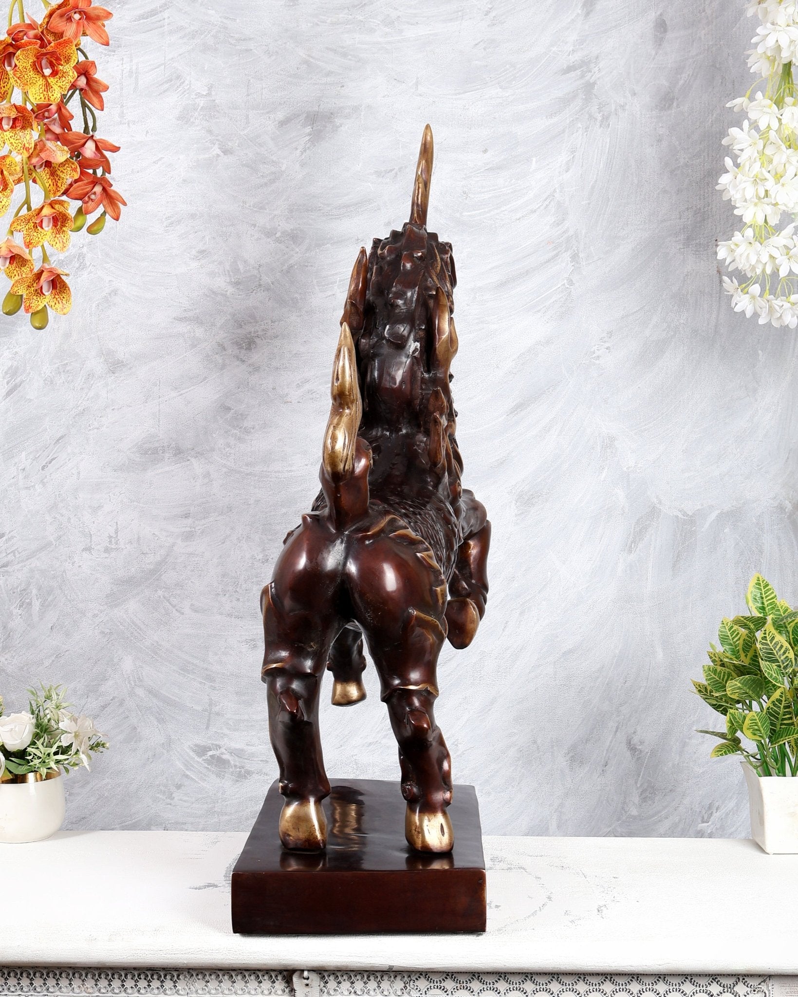 Fiery Tibetan Brass Snow Lion Statue – Copper Brown Dual Tone Finish (34.5 Inches) - Budhshiv.com