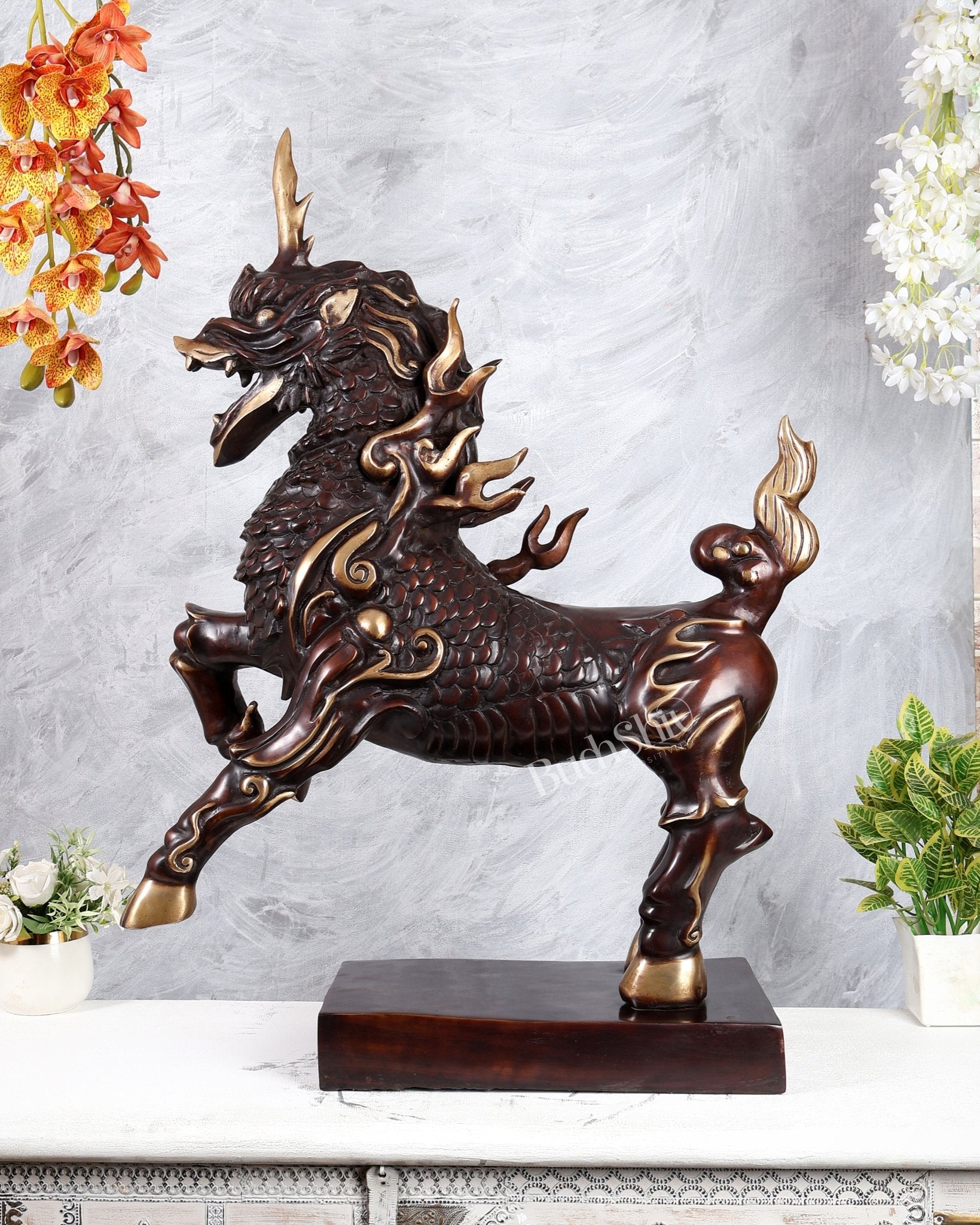 Fiery Tibetan Brass Snow Lion Statue – Copper Brown Dual Tone Finish (34.5 Inches) - Budhshiv.com