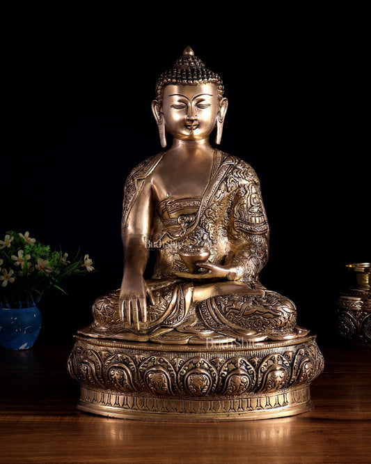 Fully Engraved Brass Buddha Statue – Life Story & Dragon Motifs | Rare Bleeding Brass Finish - Budhshiv.com