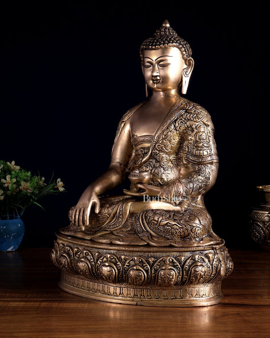 Fully Engraved Brass Buddha Statue – Life Story & Dragon Motifs | Rare Bleeding Brass Finish - Budhshiv.com