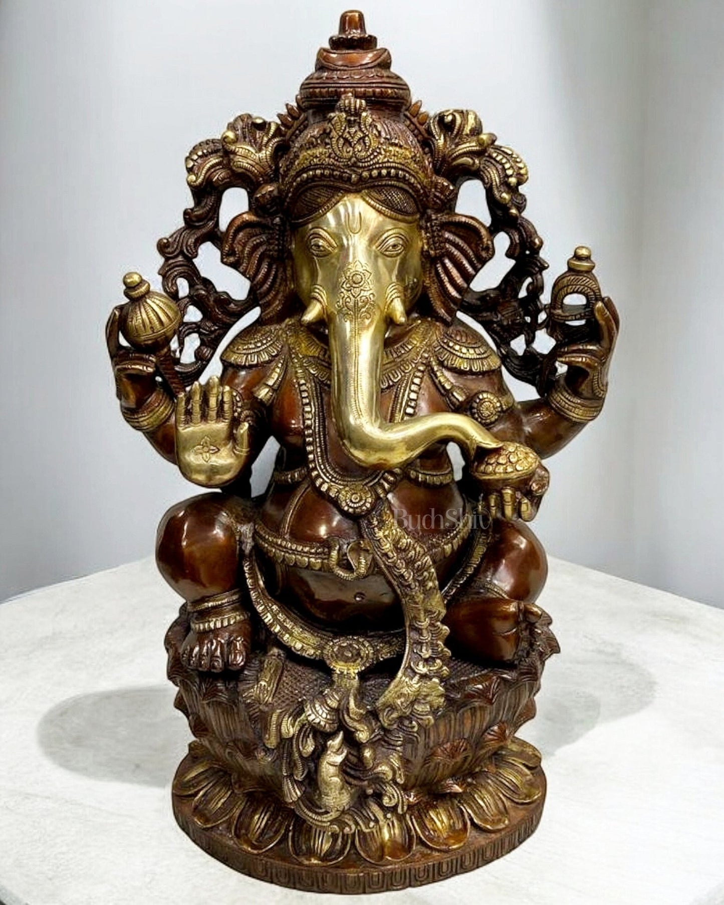 Ganapathi Handcrafted Superfine Brass Statue - 24" Dual - Tone Brown Gold Vintage - Budhshiv.com
