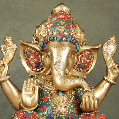 Ganapati Brass Idol 12.5 inch with stonework - Budhshiv.com