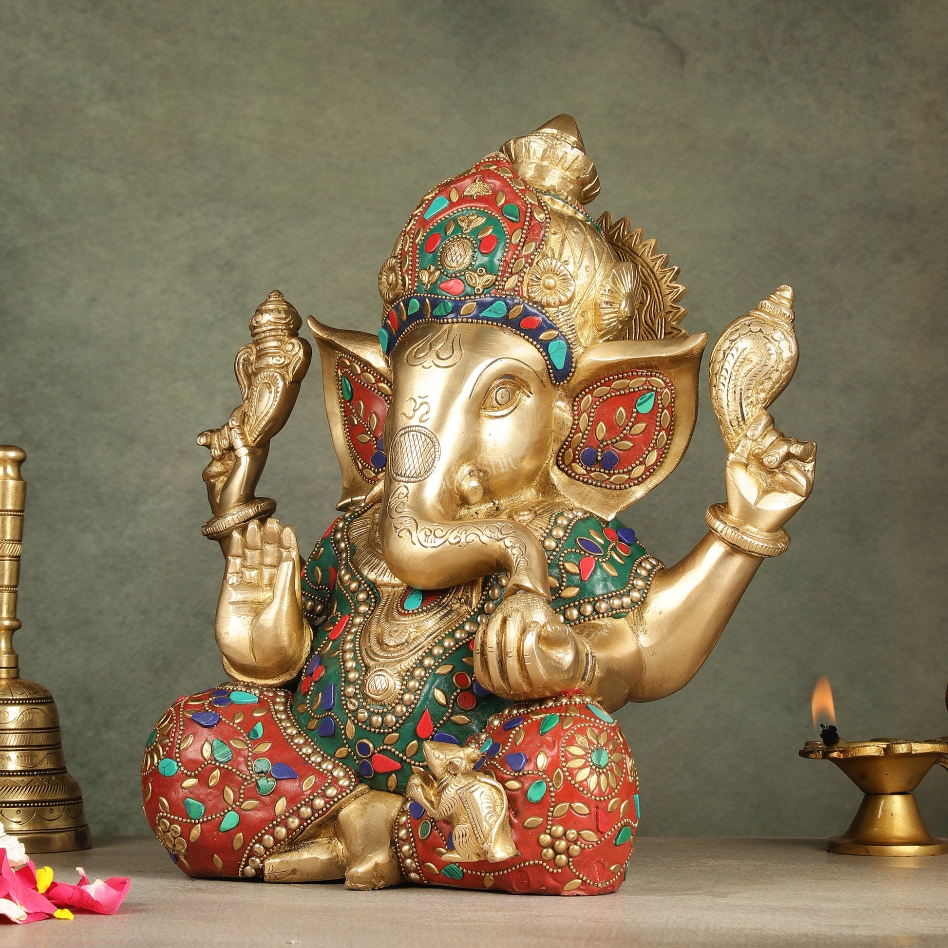 Ganapati Brass Idol 12.5 inch with stonework - Budhshiv.com