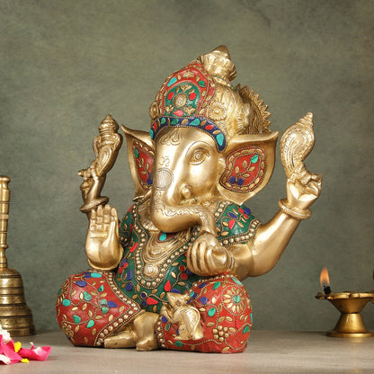 Ganapati Brass Idol 12.5 inch with stonework - Budhshiv.com