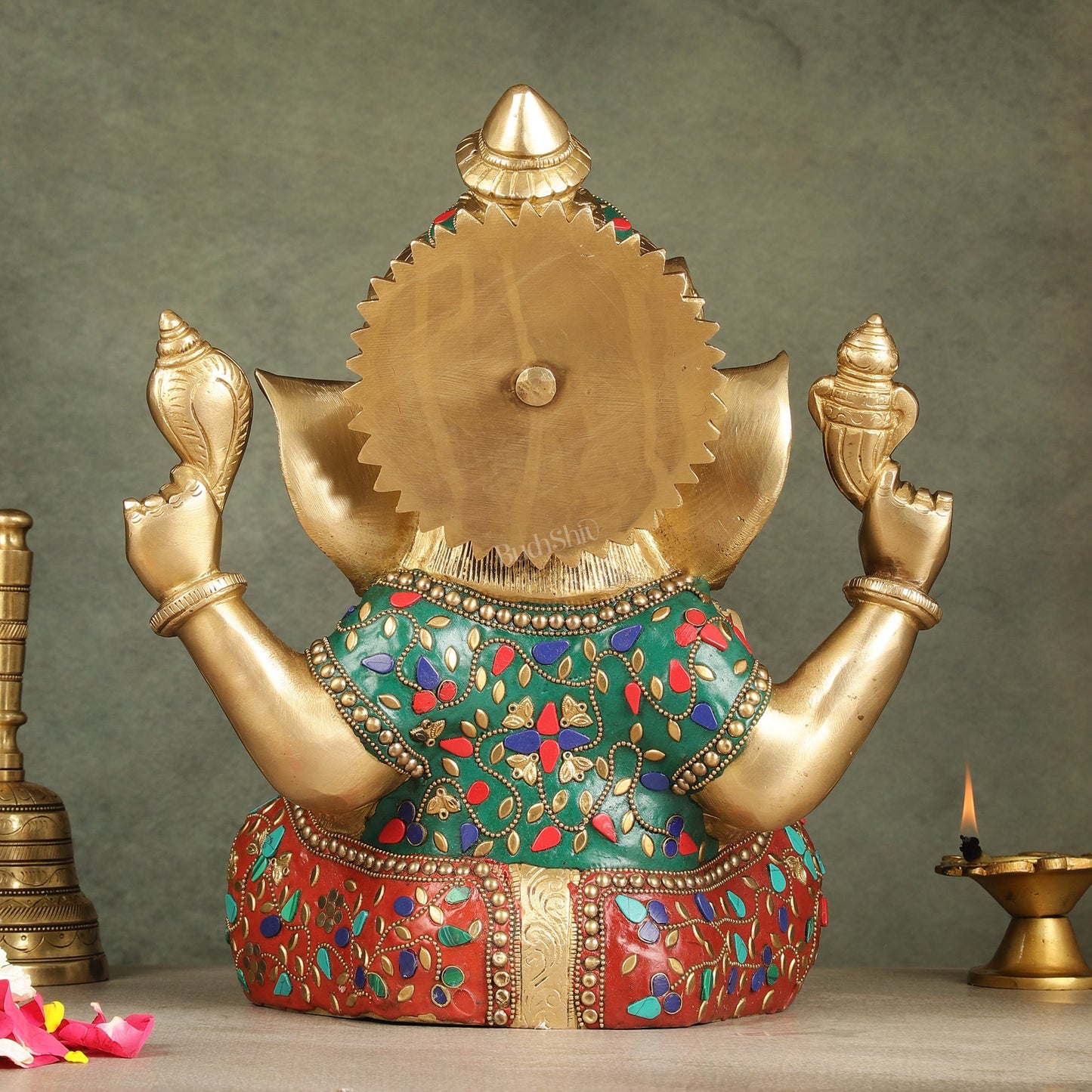 Ganapati Brass Idol 12.5 inch with stonework - Budhshiv.com