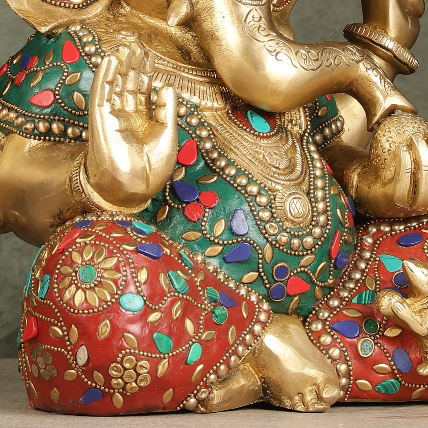 Ganapati Brass Idol 12.5 inch with stonework - Budhshiv.com