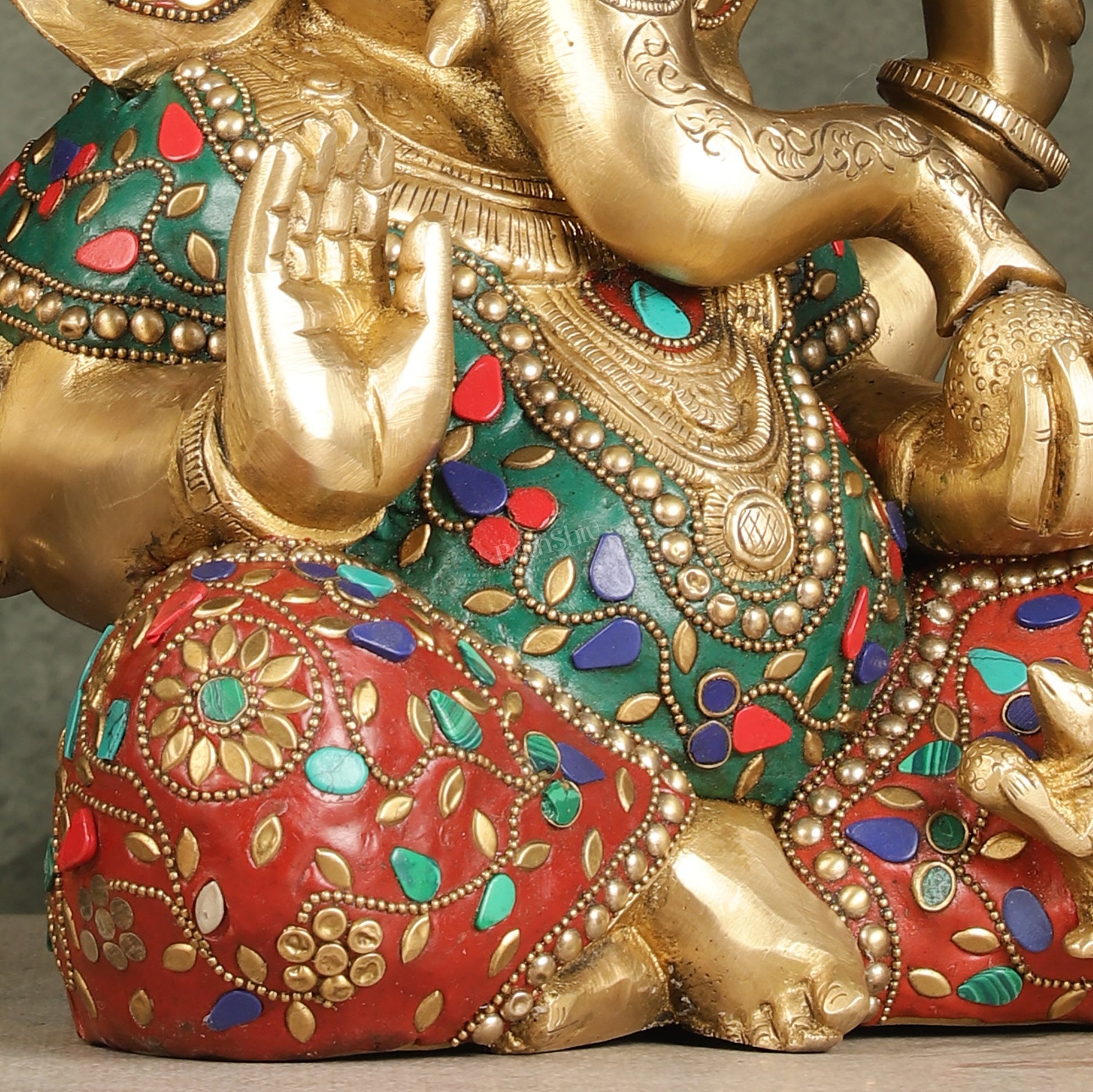 Ganapati Brass Idol 12.5 inch with stonework - Budhshiv.com