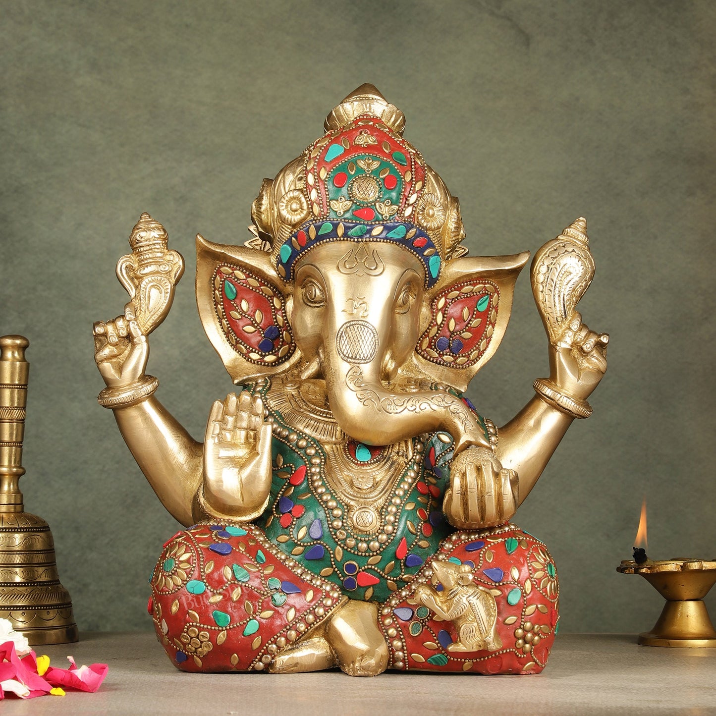 Ganapati Brass Idol 12.5 inch with stonework - Budhshiv.com