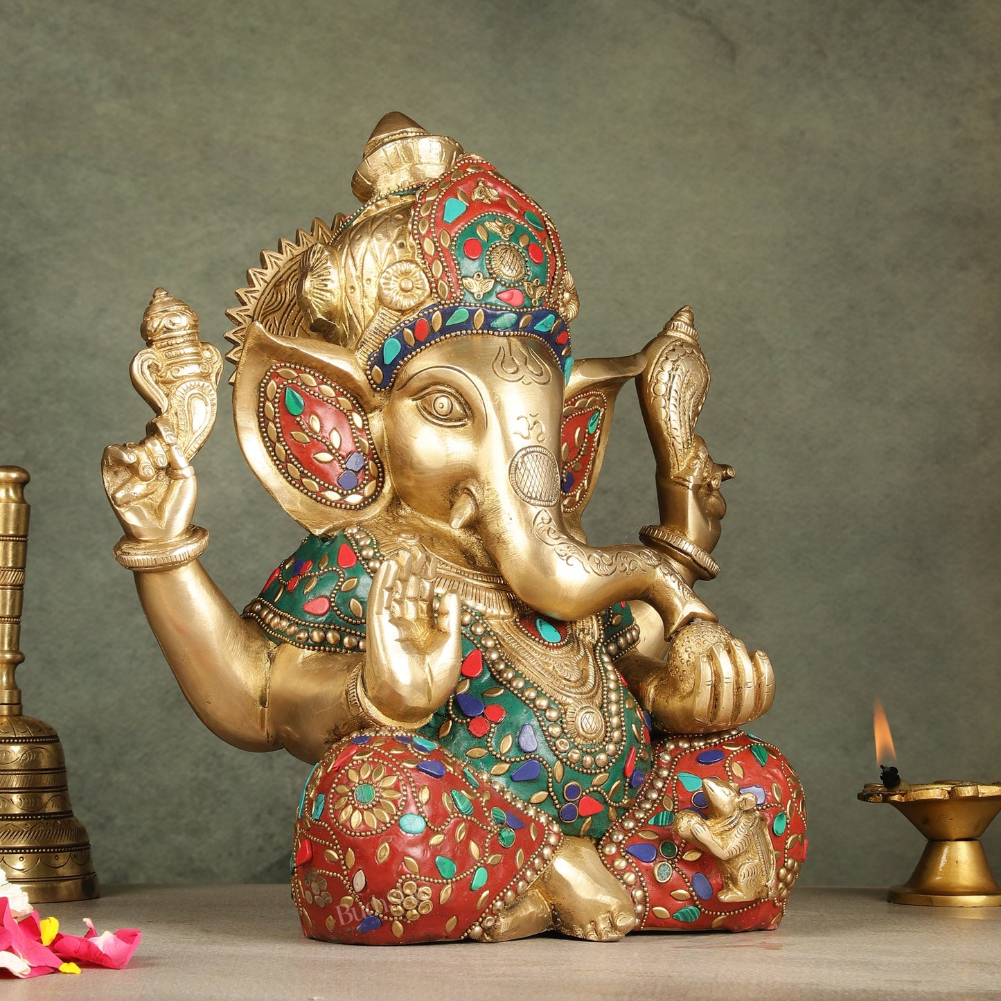 Ganapati Brass Idol 12.5 inch with stonework - Budhshiv.com